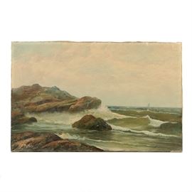 Frederick Matzow Oil Painting on Canvas "Coastal Waves": An oil painting on stretched canvas titled Coastal Waves created by listed American artist Frederick Matzow (Connecticut; 1861-1938) in 1912. This work features a seascape with waves crashing into large coastal rock formations. A single sailboat is faintly visible on the distant horizon, silhouetted against a gray sky hovering above. The painting is signed in off-white to the lower left. Presented without a frame. Matzow was known for his landscapes and coastal views.