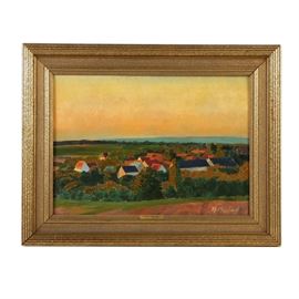Theodor Marbach Oil Painting on Canvas "Dorf im Abendsonueuscheiss": An oil painting on canvas titled Dorf im Abendsonueuscheiss (Village in the evening sun), by listed German artist Theodor Marbach. Portrayed with patches of vibrant colors, thick impasto, and gestural painterly brushstrokes, this semi-abstract work features an elevated view of a village in the woods. The painting is signed in yellow to the lower right. It is presented in a gold-tone wood frame with textural relief patterns and a metal nameplate affixed to the bottom border. To the verso is a label from Friedrich Axt, handwritten with the artist’s name and title of the work in German.