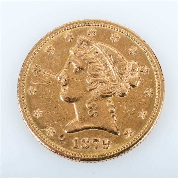 1879-S Coronet Head Gold $5 Half Eagle Coin: An 1879-S Coronet Head Gold $5 Half Eagle. This coin features a mintage of 426,200 and was minted in San Francisco. The designer was Christian Gobrecht and the coin has a metal composition of 90% gold and 10% copper. The diameter is 21.6 mm with a weight of 8.36 grams.