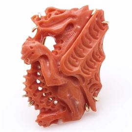 14K Yellow Gold Carved Coral Dragon Ring: A 14K yellow gold carved coral dragon ring.