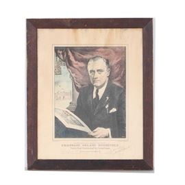 Franklin Roosevelt Offset Lithograph: An offset lithograph of Franklin Roosevelt. This lithograph features an image of Franklin Delano Roosevelt first printed by The Old Print Shop in 1933 holding a newspaper with The Capitol building visible in the background. The print is captioned “Entered According to Act of Congress MArch 1933 There is Nothing to Fear but Fear Itself, Franklin Delano Roosevelt Thirty-First President of The United States”. The piece features various handwritten markings including “Artist Proof 30 Limited to 500 signed copies” with two Roosevelt signatures features at the lower right. The piece is encompassed by a black wooden frame under glass and hanging wire is included on the verso with a handwritten family tree of Franklin Roosevelt beginning with John Aspinwall.