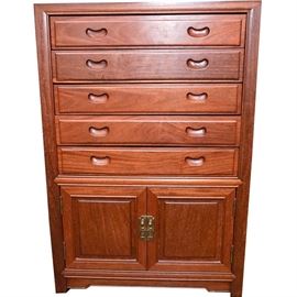 Five Drawer Oak Flatware Chest: A five drawer oak flatware chest. This chest has five drawers with blue felt interiors along with segmented holders for individual flatware pieces. Along the bottom is a two-door storage compartment.