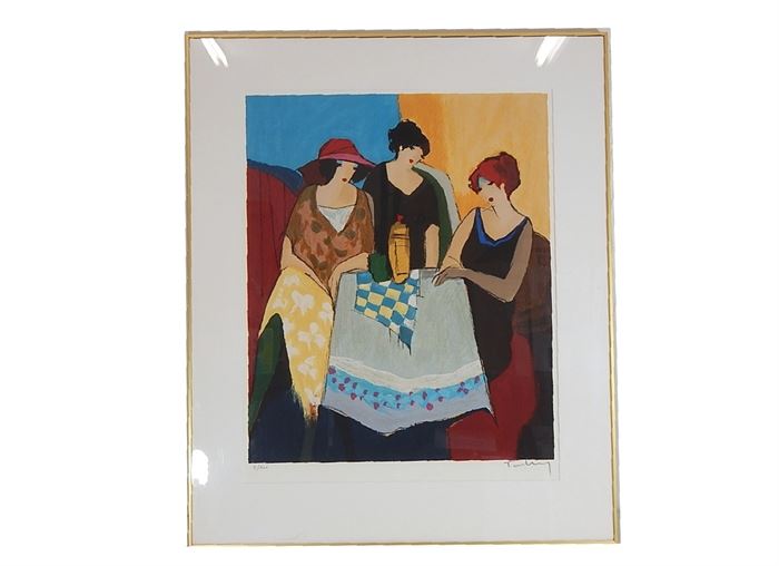 Signed and Numbered Serigraph by Itzchak Tarkay: A signed and numbered color serigraph by listed artist Itzchak Tarkay (Hungary, Israel, 1935 – June 3, 2012). The work depicts a trio of women sitting at a cloth covered table. The print is signed in pencil by the artist to lower right corner, and limited edition 7 of 300 to the lower left. Presented behind glass, with white matting, and gold aluminum framing.