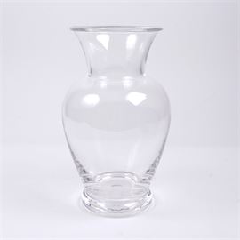 Tiffany & Co. "Georgetown" Crystal Vase: A crystal vase by Tiffany and Company in the Georgetown pattern, first made in 1996. This clear vase has a wide mouth and shoulder with a tapered neck. It is etched “Tiffany & Co.” to the verso.