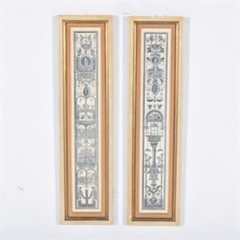 Giovanni Volpato After Raphael Hand-Colored Architectural Engravings: A pair of vintage hand-colored steel plate engravings by Italian artist Giovanni Volpato (1735–1803), after frescoes painted by Italian Old Master Raffaello Sanzio da Urbino, or Raphael (1483-1520). The images depict Classical scenes of Roman architecture, statues, figures, animals, and mythological creatures. These images have been hand-colored with soft blue watercolors. The prints are presented under glass in engineered wood frames with a pickled finish, gilt interior edges, and velveteen faux-mats. Sawtooth hangers are attached to the versos of the pieces for hanging.