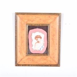 Decorative Pompeii Style Wall Art Piece: A framed piece of tile in the style of a Pompeii woman. This is probably a tourist piece which has been put in a larger shadow box style frame. The frame has a distressed appearance; the center portion has painted and etched flowers.