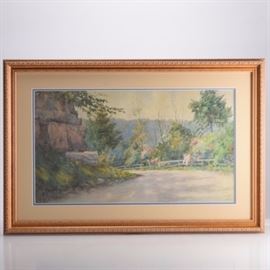 Paul Sawyier Limited Edition Offset Lithograph "The Owenton Road": A Paul Sawyier limited edition offset lithograph titled The Owenton Road. Sawyier (1865-1917), an American artist primarily known for landscapes, lived and worked in Frankfort, Kentucky and chose central Kentucky as the focus of his work. The Owenton Road depicts a winding Kentucky road with flowers and trees on either side, as it appeared in 1893. This offset lithograph is numbered in the lower left corner 4816/1500. It is under glass, matted in cream with a blue inset, and framed. The back has a wire for hanging the frame and information about the artist and the print.