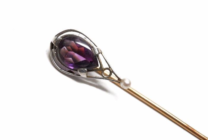 ANTIQUE VICTORIAN 14K GOLD AMETHYST PEARL STICKPIN