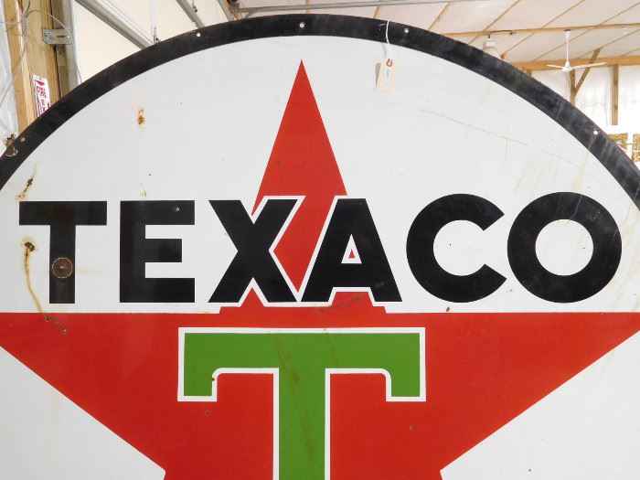 Lot #1 Vintage Texaco 6ft round double sided enameled petroleum advertising sign Patent date
March 2, 1957. Minor wear and dents, some rust spots otherwise good condition