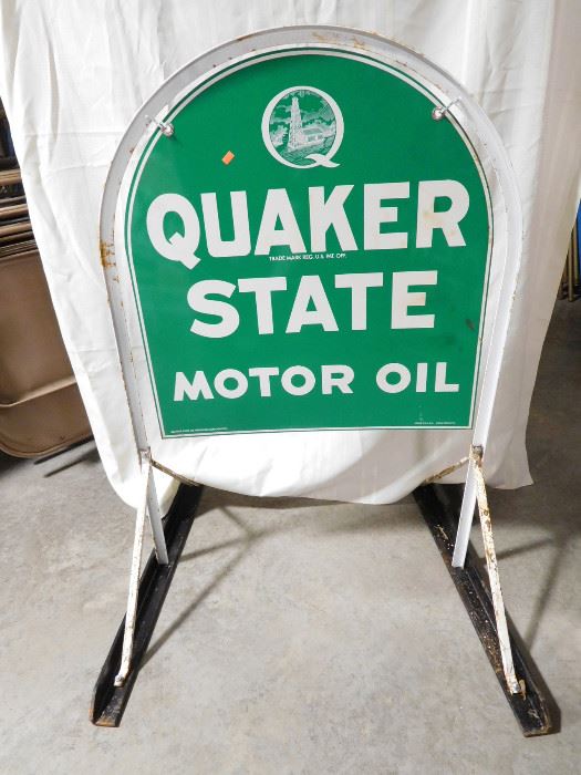 Lot #2 Quaker State Motor Oil double sided hanging sign, tombstone shape with metal frame
(26"x28”) 