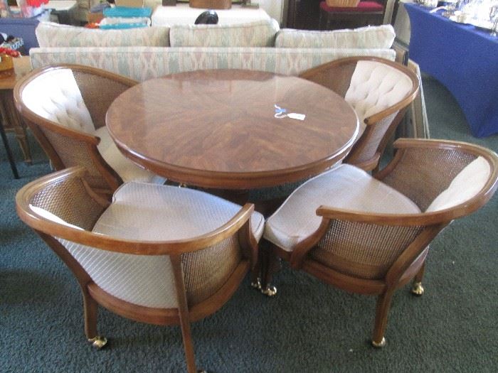Game Set with upholstered and cane chairs on casters