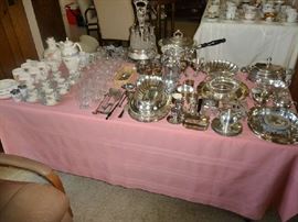 SILVERPLATED SERVING PIECES, ETCHED GLASSWARE, LENOX TEA SET