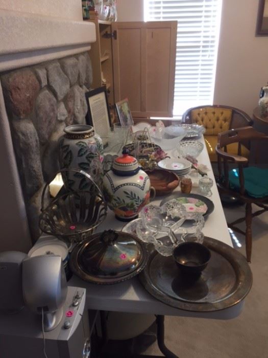 Wooden chairs, glassware, silver and silver-plate serving pieces and dishes, glassware (some antique)
