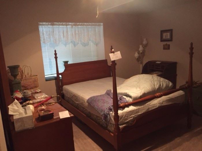 Antique full-size 4-poster bed frame, mattress, box spring.  Full size dresser with attached mirror.  Various household decor.