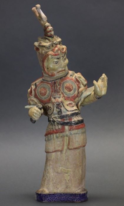 Chinese pottery figure of a warrior, Tang dynasty, overall with base: 16in(H)  