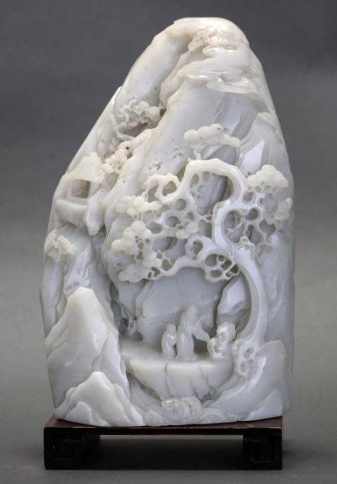 Chinese white jade boulder w/ landscape carving, 8in(L) x 5in(W) x 13in(H)    