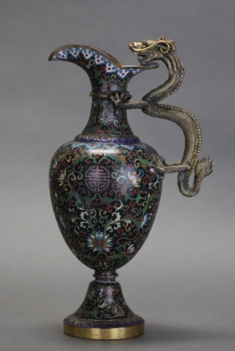 Chinese gilt cloisonne ewer, Qing dynasty, 12in(H) x 6.5in(L)      