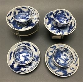 4 sets of Chinese cups & saucers, Qing dynasty, each cup: 2.5in(diameter) x 1.5in(H), each saucer: 4.25in(diameter)    