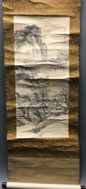Chinese watercolor w/ landscape motif, 19th c., painting size: 12in(L) x 26in(H)   