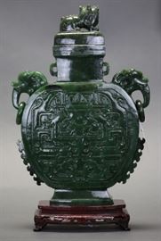 Chinese carved spinach jade cover vase,  without base: 14in(H) x 10in(L)