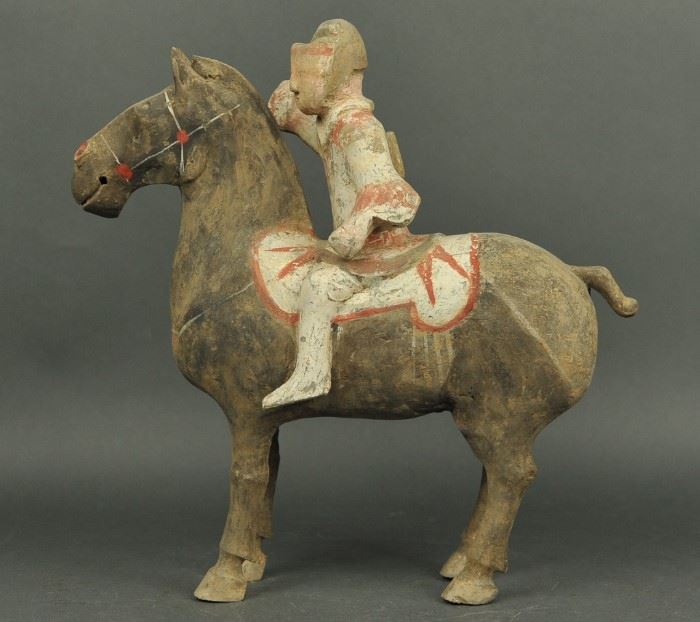 Chinese pottery horse w/ rider, Han dynasty, 13in(H) x 13in(L) 