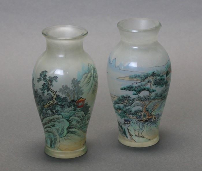 pair of Chinese interior painted glass vases, each: 8in(H) x 4in(L)  