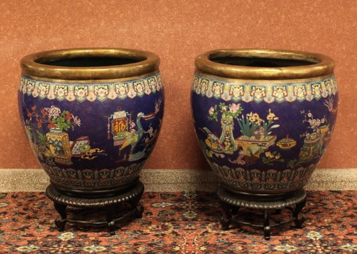 pair of large Chinese gilded cloisonne fish bowls, each: 20.5in(L) x 19.5in(H) 