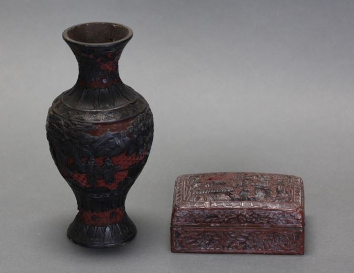 Chinese cinnabar vase (9.5in(H)) and Chinese cinnabar cover box (5.5in(L) x 3.75in(W))