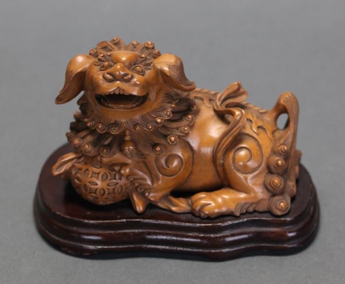 Chinese boxwood carving of a dog, Republican period, dog only: 5in(L) x 3.25in(H) 