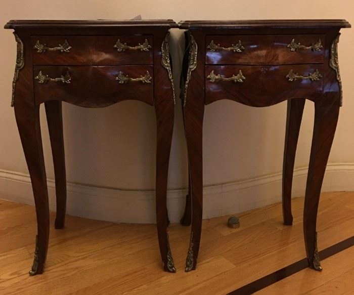 pair of French wooden nightstands, 19th c., each: 29in(H) x 18in(L) x 13.5in(W) 