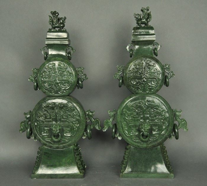 pair of carved Chinese spinach jade cover vases, each: 20in(H) x 10in(L) 