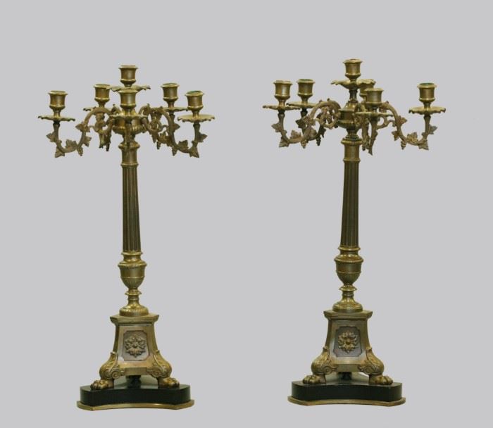 pair of 19th c. bronze candelabra, overall: 23.5in(H) x 11.4in(L) 