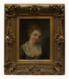 French oil painting of a young beauty, early 19th c., overall with frame: 21.57in(H) x 18.23in(L)