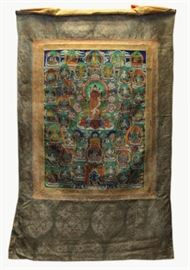 large Chinese Tibetan thangka, 19th c., thangka: 30in x 22in
