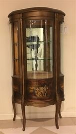 curved glass wooden vitrine cabinet, 19th c., 56in(H) x 27in(L) x 16in(W) 