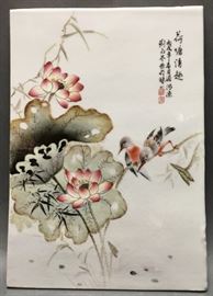 Chinese porcelain plaque w/ floral and bird motif, 14in(H) x 10in(L)
