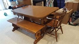 Oblong wood table with 2 leaves and 2 bench seats and 2 chairs  $175    Buy ahead   58"L x 36"W with 10" leaves