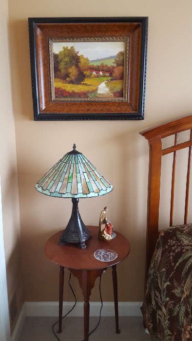 Small round table   $25     Green stained glass lamp   $40