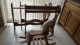 Quilt racks   $15 and $20 each  wood rocking horse   $25