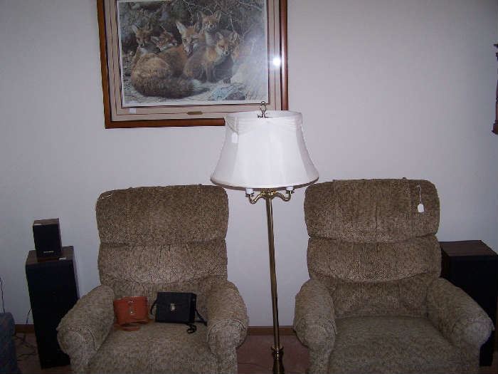 BRASS FLOOR LAMP, PAIR OF LAZY-BOYS, PRINT OF FOXES
