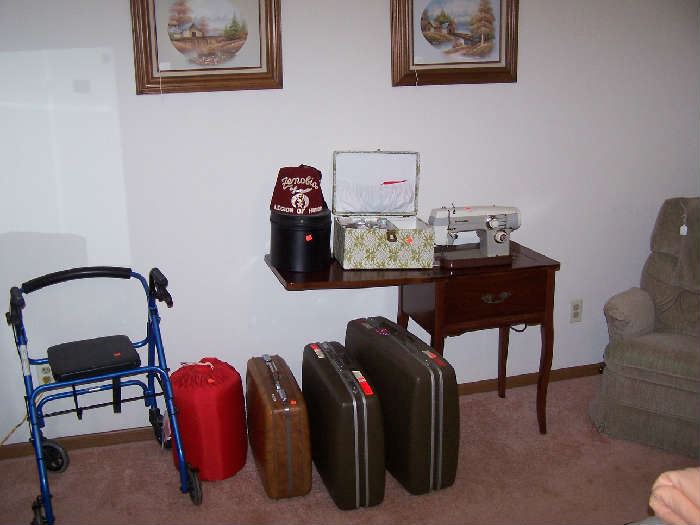 SEWING MACHINE, LUGGAGE, WALKER-SEAT & PICTURES