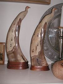 Buffalo horn carved peacocks