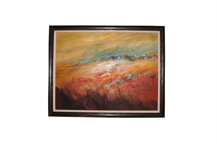 Trish Weeks Large Oil on Canvas Abstract Landscape: A signed oil on canvas abstract landscape by contemporary American artist Trish Weeks. This large impasto painting is rendered in a warm palette with teal accents. It is signed in field to the lower left and presented under a beveled linen mat in a wood frame with a distressed finish. It hangs by a wire to the verso.

Trish Weeks is a graduate of the University of Cincinnati College of Design, Art, Architecture and Planning. She has exhibited throughout the United States and has received numerous awards at juried shows both at the regional and national level. She creates dramatic, yet simple compositions by combining color in layers applied with both a brush and a palette knife.