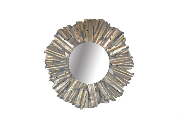 Large Wall Mirror With Hand-Cut Metal Frame: A large wall mirror with a hand-cut metal frame. The circular mirror features bezel edging. It is set in a wide ribbed hand-cut metal frame with pierced designs. The frame is finished in hand-applied paints of matte gray and antiqued gold tone. It hangs by a bracket to the verso.