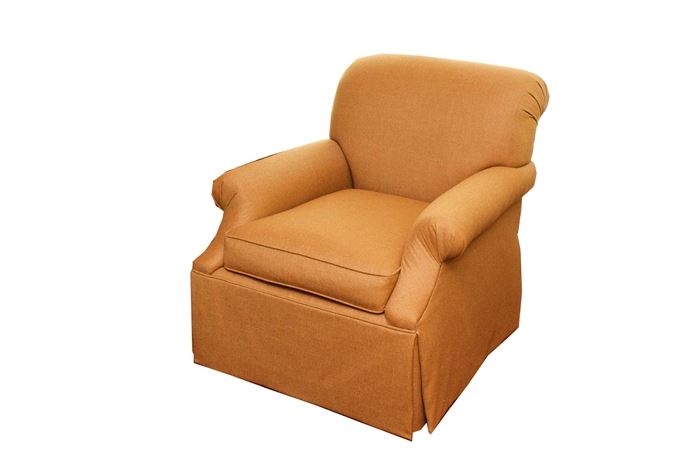 Century Swivel Armchair With Matching Ottoman: A Century swivel armchair with matching ottoman. This chair features a rounded backrest, fan-pleated arms, a reversible seat cushion, and a tailored skirt. It is upholstered in a caramel-hued wool blend. The matching ottoman features an exposed wooden base with dramatic claw feet.

Founded in 1947, Century Furniture provides finely crafted luxury furniture. It is a third-generation family-owned company located in Hickory, North Carolina.

• Please see listing 17CIN182-010 for a matching armchair.