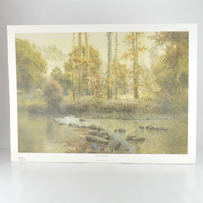 Paul Sawyier Limited Edition Offset Lithograph "Fish Trap": A limited edition offset lithograph print of Fish Trap after Kentucky artist Paul Sawyier (1865-1917). This piece features a section of the Dix river often used as a fishing spot, and the scene is viewed from the center of the river. It is numbered 568 out of 1450, copyrighted in 1979 by the Paul Sawyier Galleries, Inc. of Frankfort, KY. The print includes a certificate of authenticity.