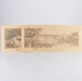 Paul Sawyier Offset Lithograph Reproductions of Etchings: A pair of offset lithograph reproduction prints of etchings after Kentucky artist Paul Sawyier (1865-1917). This includes Southend of Covered Bridge and Covered Bridge, which depict the bridge in Frankfort, KY from two different perspectives. Sawyier completed a series of six copper plate etchings in the Summer of 1887. Each print is copyrighted 1972 by Paul Sawyier Galleries Inc.