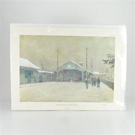 Paul Sawyier Limited Edition Print "Winter, South of the Bridge": A limited edition offset lithograph print of Winter, South of the Bridge after Kentucky artist Paul Sawyier (1865-1917). This piece features pedestrians walking along the sidewalk near the covered bridge during winter time with a view of Frankfort’s skyline in the background. It is numbered 1180 out of 2000 and includes a certificate of authenticity.