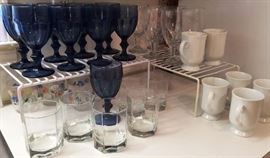 Blue Glass Goblets, Glassware, White Mugs