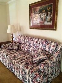 Upholstered Sofa that Matches Love Seat and Chair, Framed Art, End Table & Lamp